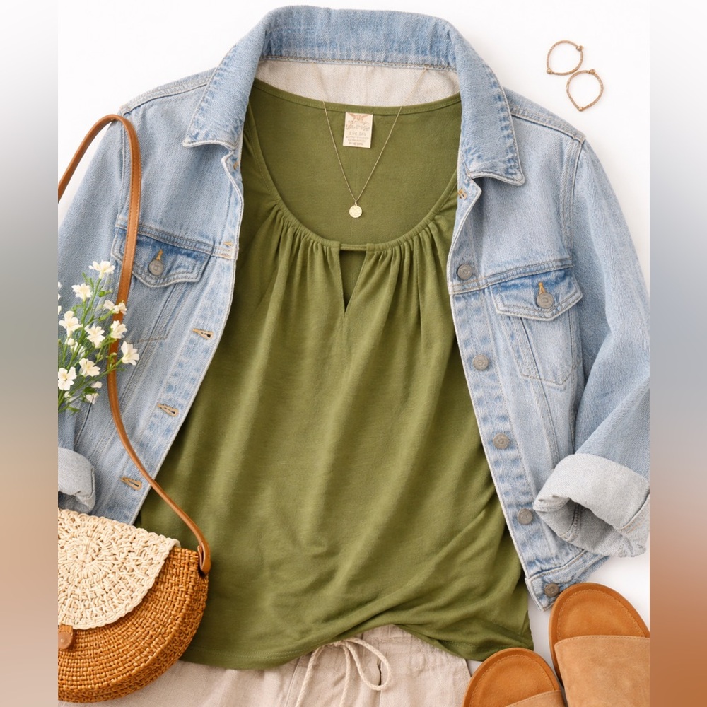 Olive Green Lightweight Peasant Blouse Womens XXL Boho Stretch Soft Casual Top